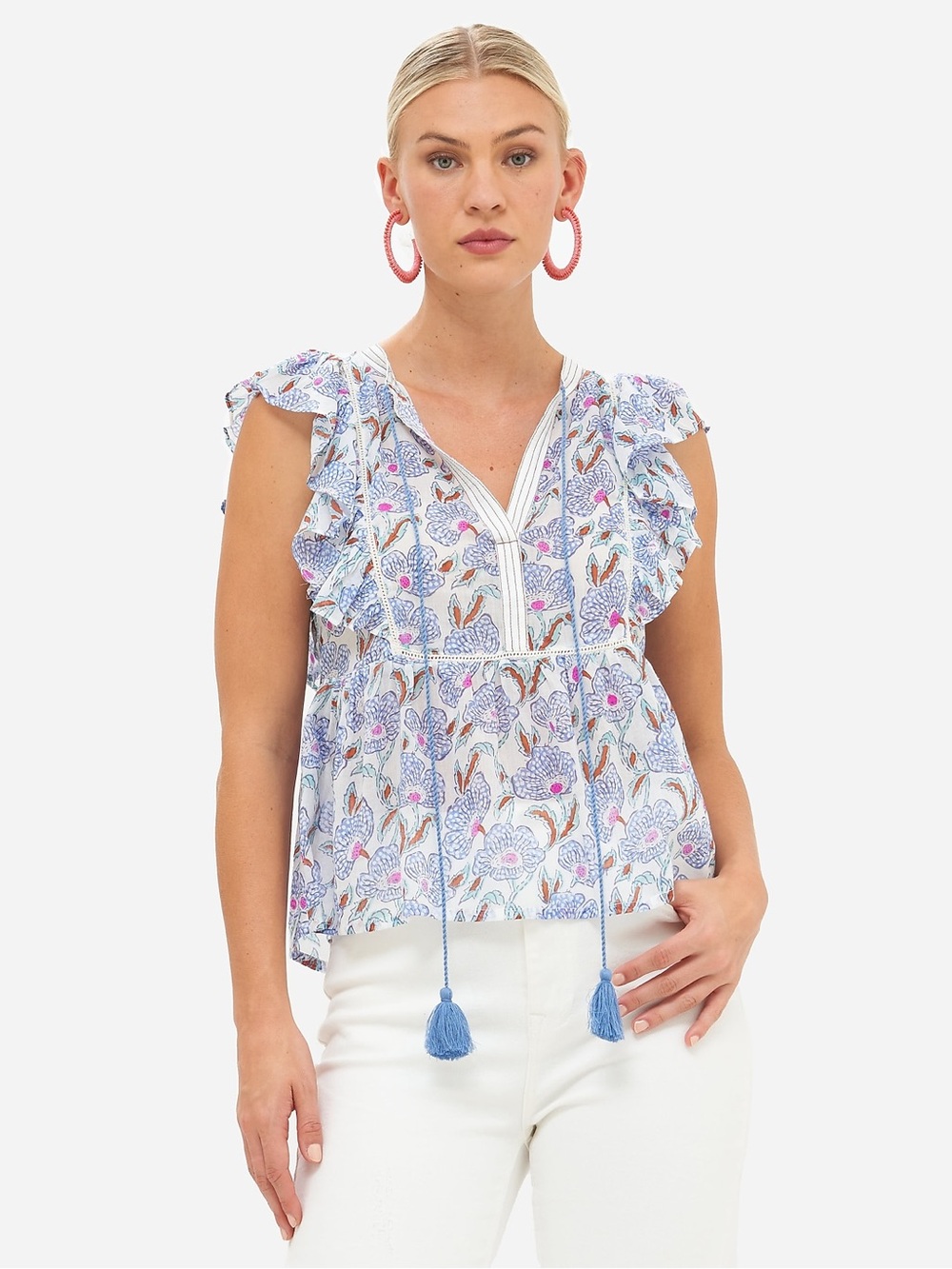 Oliphant Blue Floral Ruffle Tassel V-Neck Blouse